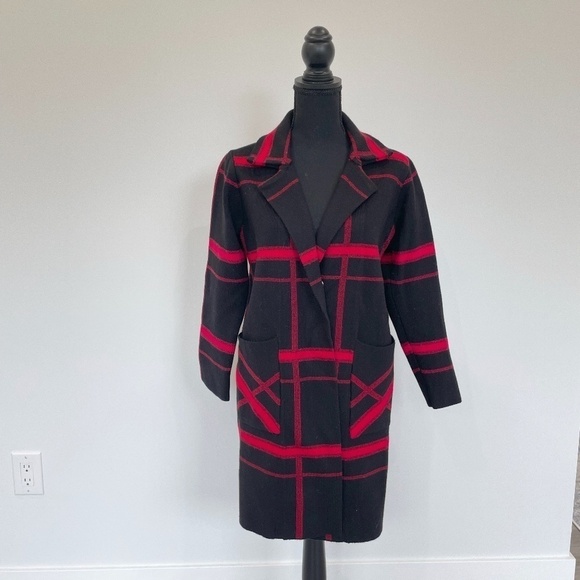 Shes Closet Plaid Black and Red Long Coat - Picture 1 of 5